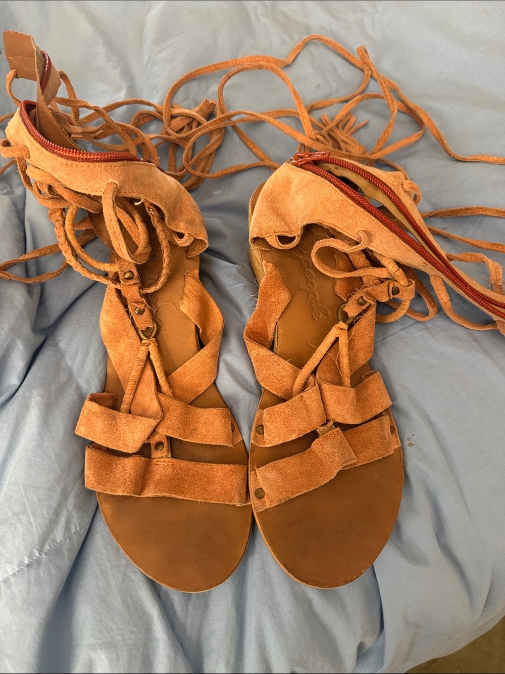 Free People Suede Lace-Up Gladiator Sandals - Tan Orange